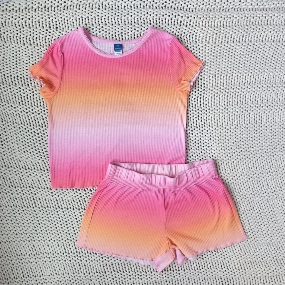 Old Navy Pink and Orange Pajama Set with Vibrant Ombre Colors Girls Med